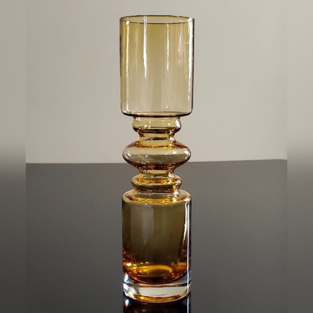 MCM 1970s 10" Scandinavian Light Amber Cased Glass Hooped Vase